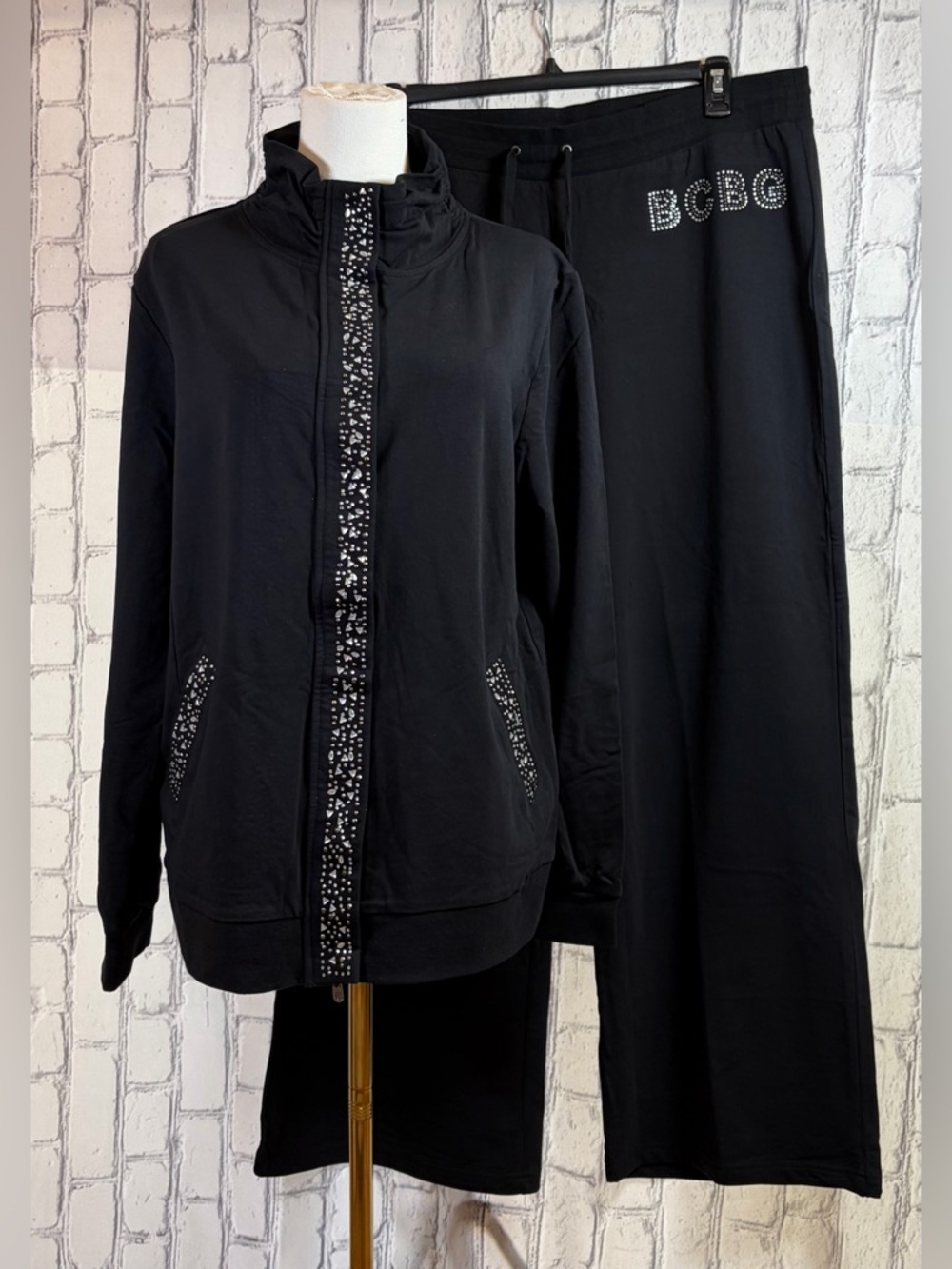 BCBG Maxazria Size:2X Black Rhinestone-Trim Two-Piece Track Set
